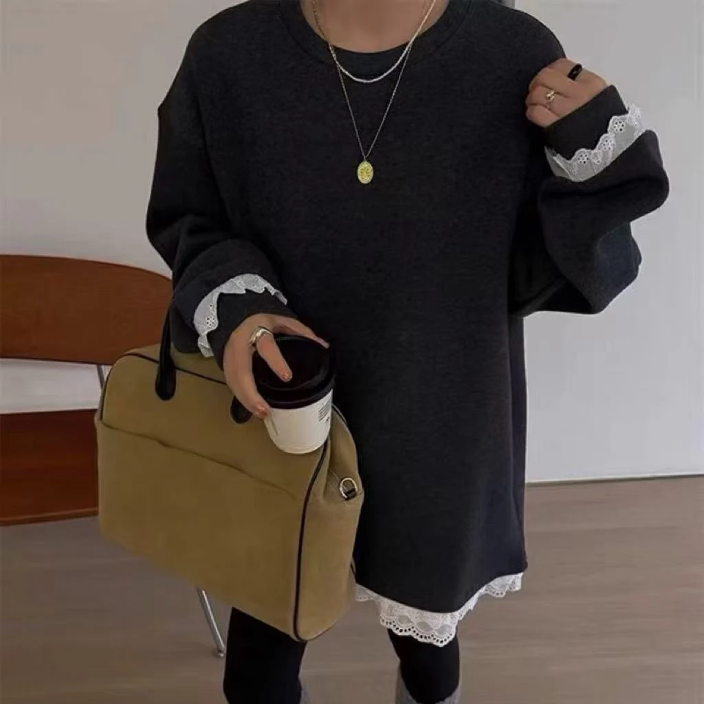 【HMLS】~秋冬加绒卫衣！新款拼接蕾丝花边圆领宽松减龄百搭外套