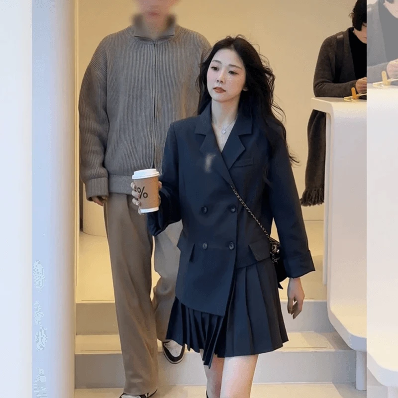 【格林少女】春秋新款韩版小西装设计感假两件拼接压褶西装连衣裙