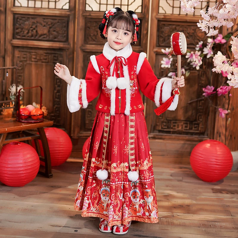 7810女童汉服古装新款旗袍2023冬款加绒裙子小女孩超仙襦裙子
