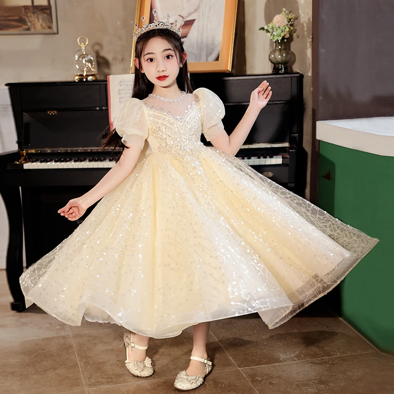 A373新款短袖短款女童洋气公主裙夏宝宝连衣裙子礼服走秀小女孩