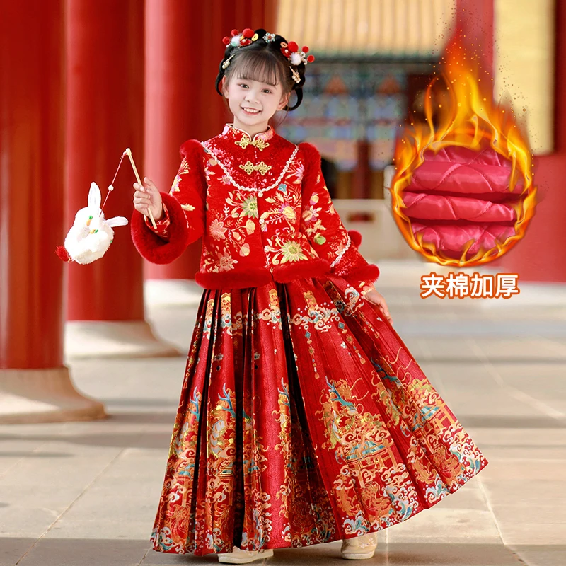女童冬季加厚旗袍唐装古风拜年服儿童套装裙子