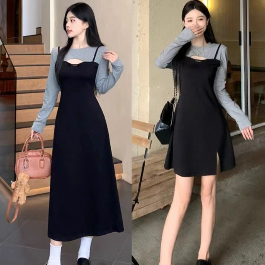设计感假两件长袖连衣裙女2024秋冬季新款胖mm收腰显瘦黑色裙子
