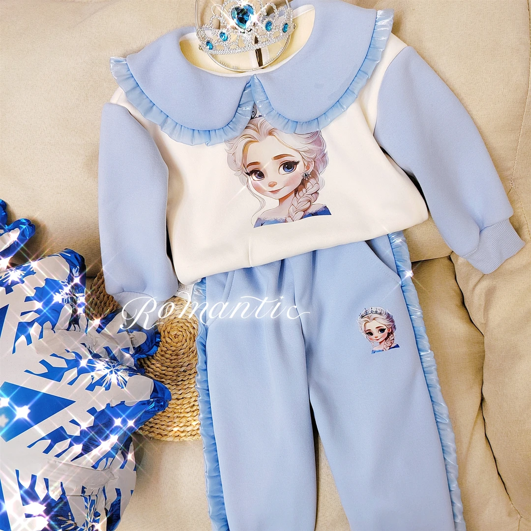 爱莎卫衣加绒长裤套装女童秋冬公主风两件套套头一体绒女宝春秋