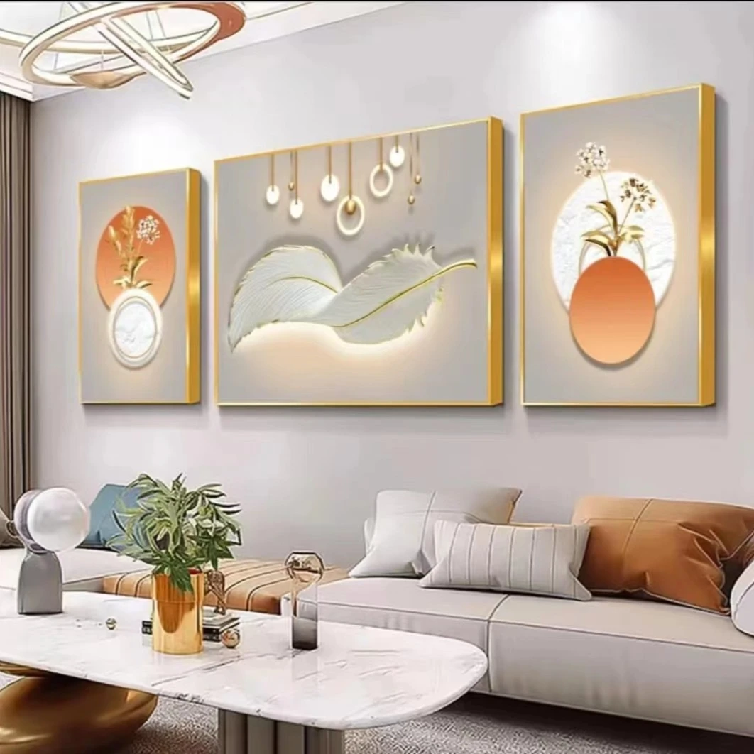 现代简约三联画【佳鑫新品】【水晶-金羽呈祥】沙发画水晶工艺装饰画