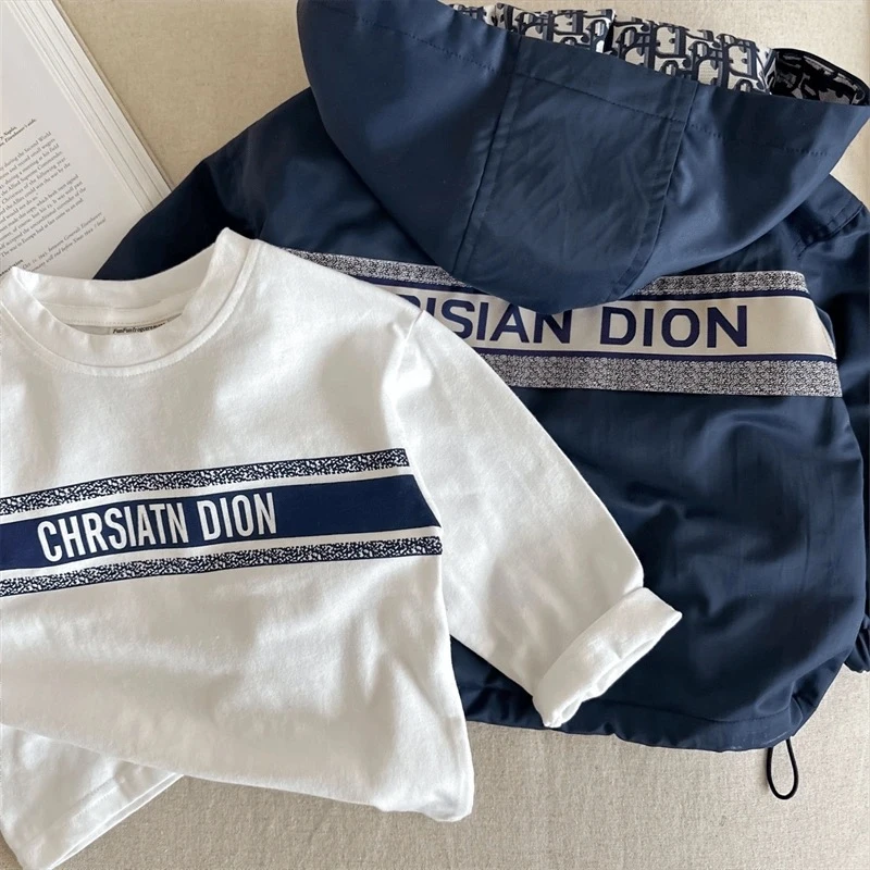 纯棉儿童秋季新款长袖T恤男女童潮牌字母T恤宝宝圆领洋气打底衫