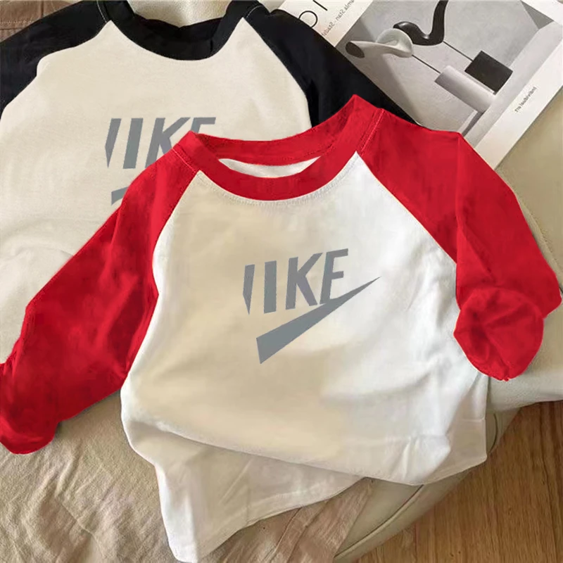 男女童长袖T恤春秋款印花拼色儿童打底衫纯棉洋气中小童休闲上衣t