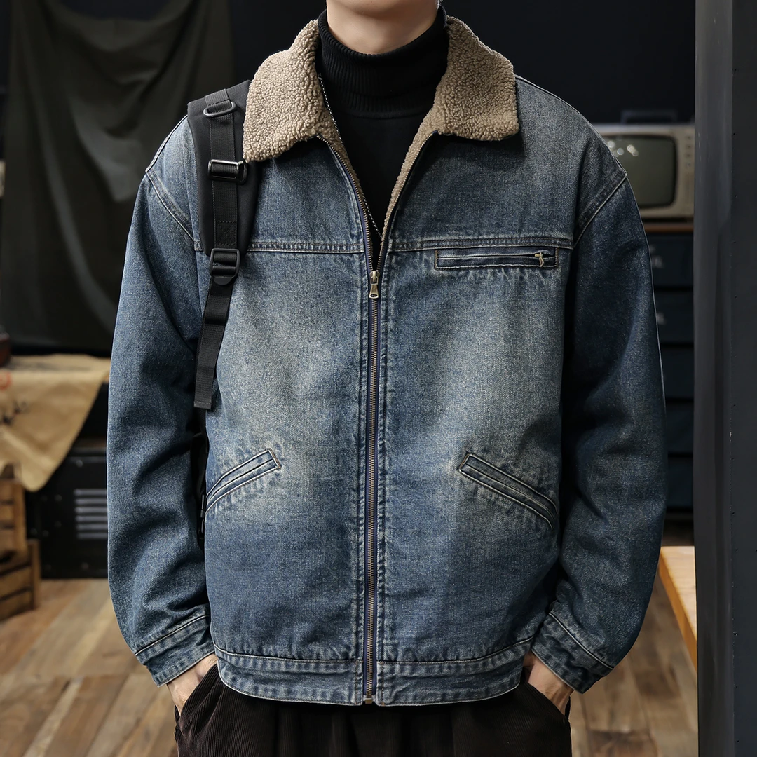潮牌复古美拉德加绒休闲工装牛仔夹克男款冬季大码加厚保暖外套