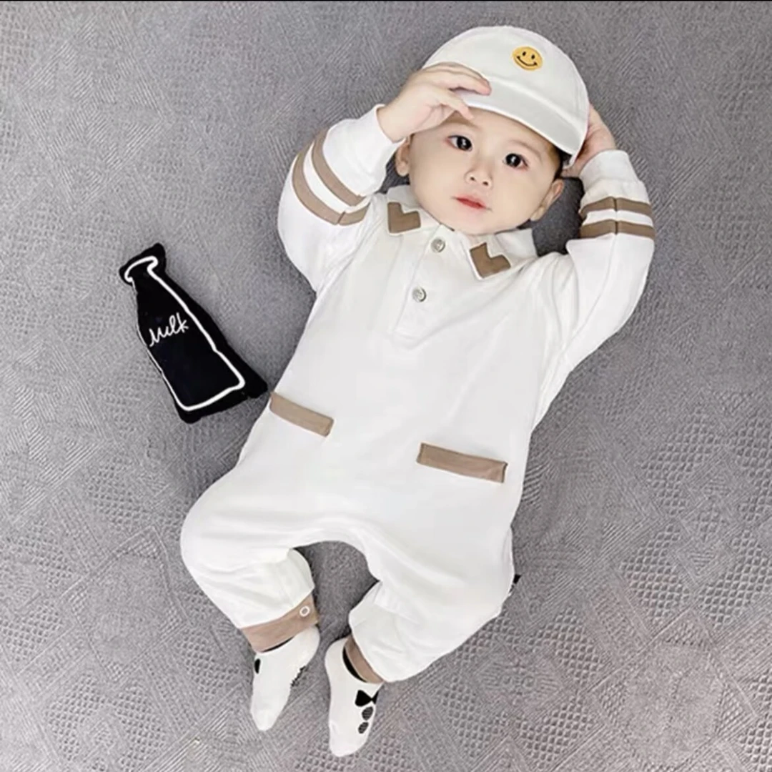 2023春款英伦翻领哈衣爬服春秋长袖对开连体衣帅气男女宝宝连体衣