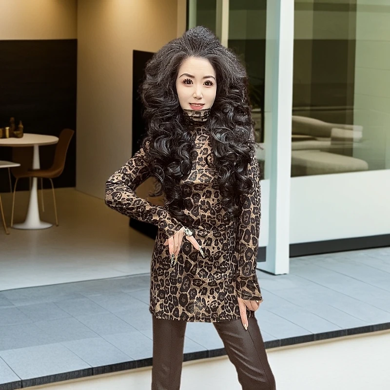 大漂亮家的时尚洋气百搭轻奢平纹竹节豹纹高领开叉小衫