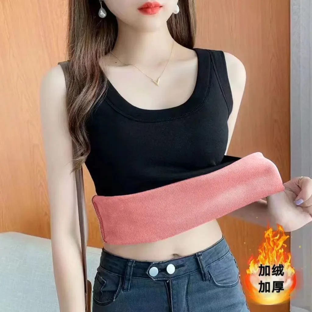 莫代尔棉大码保暖加绒背心女冬季内搭加厚一体绒修身吊带打底衫女