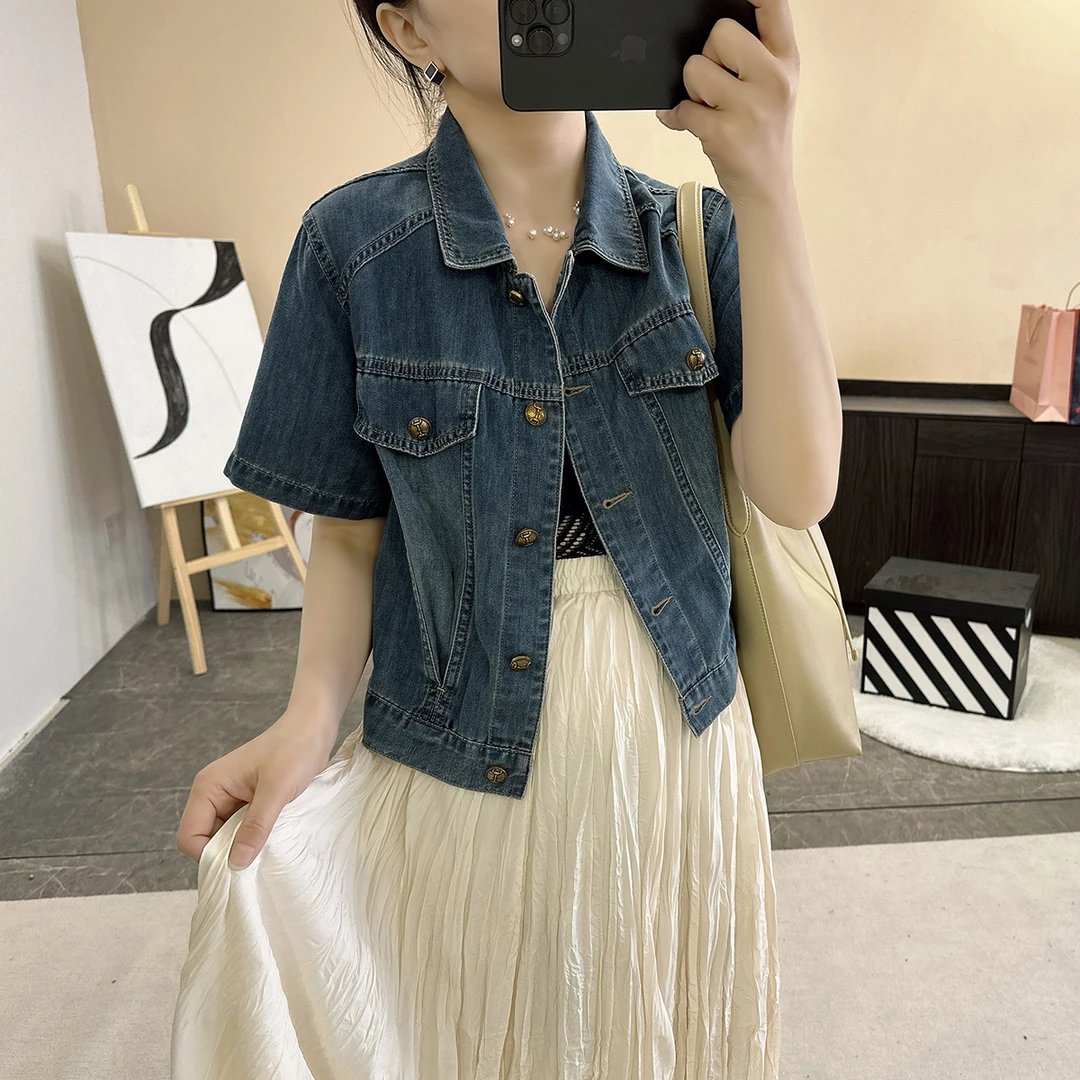 夏季短款宽松短袖牛仔外套女翻领设计感叠穿薄款披肩小个子上衣