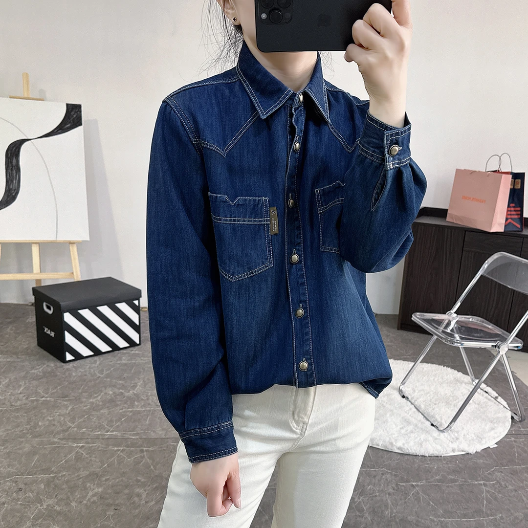 秋冬新款时尚休闲宽松复古大码加绒牛仔衬衫女深蓝长袖牛仔衬衣潮