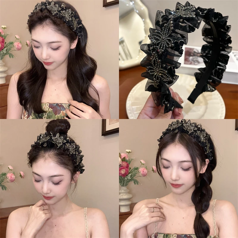 2024年新款水钻蝴蝶网纱玫瑰发箍女高级感镂空发饰高颅顶头箍头饰