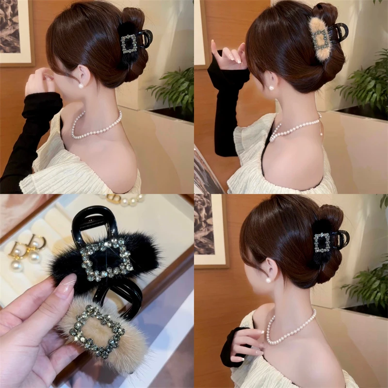 优雅方形毛绒绒中号抓夹法式气质女新款秋冬鲨鱼夹高级感夹子头饰