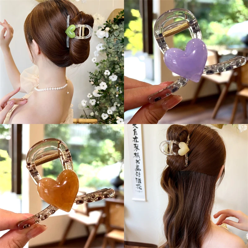 非金属亚克力发饰 爱心茶冻半透明抓夹后脑勺简约中号抓夹鲨鱼夹