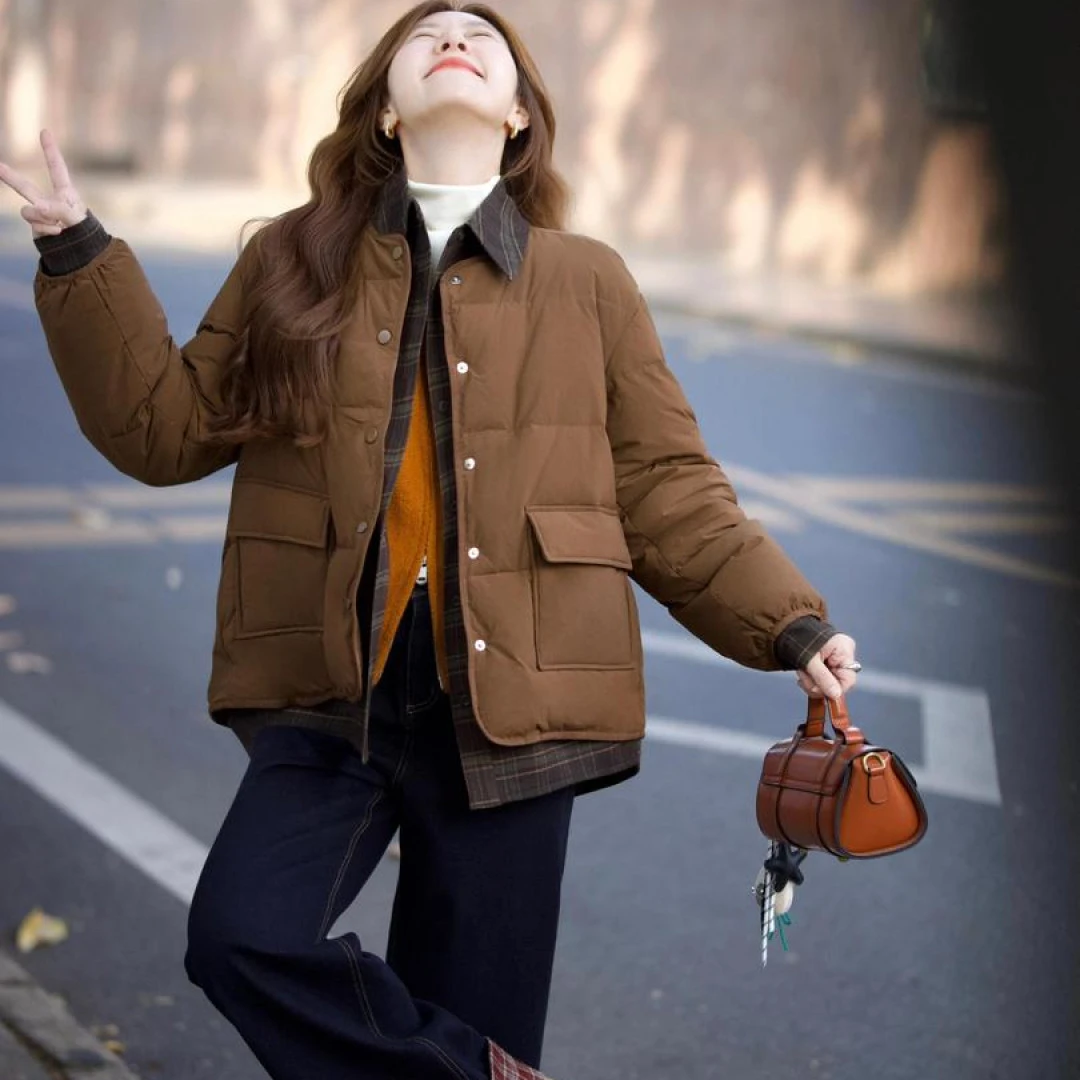 2024冬新款法式复古衬衫假两件保暖棉服针织开衫搭配牛仔裤三件套