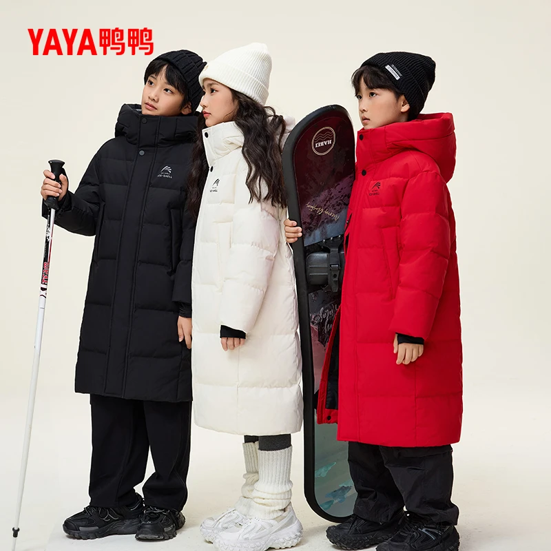 鸭鸭2025新款冰壳儿童系列羽绒服冬季防风保暖户外中长款过膝