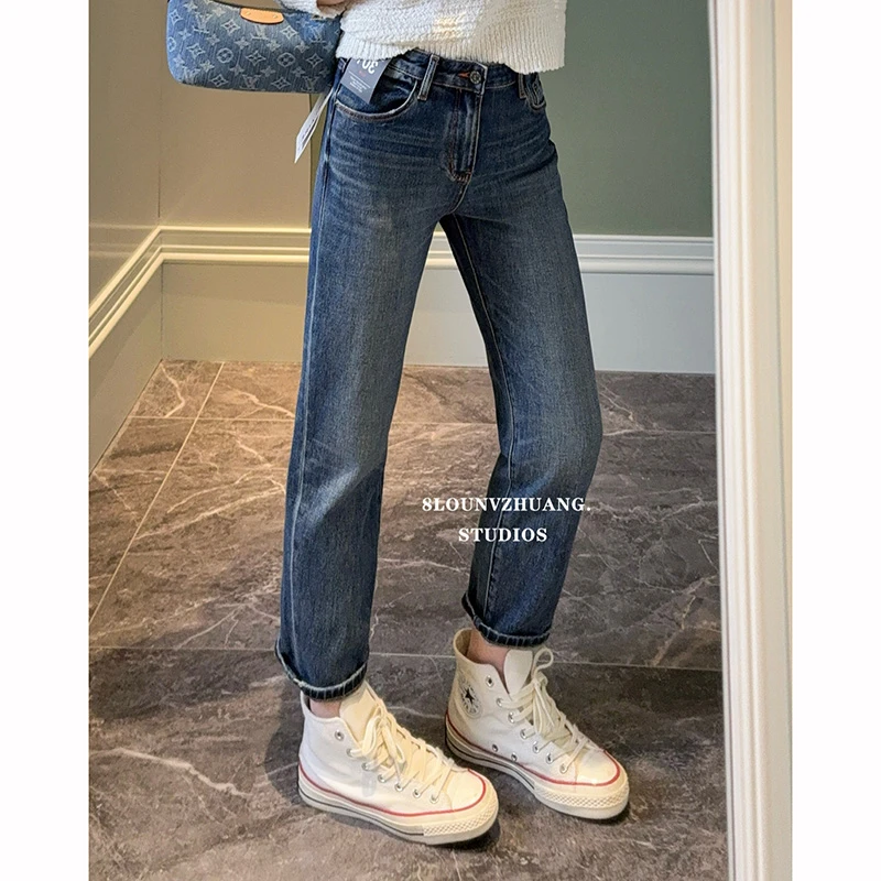 八分烟管裤代嘉儿牛仔裤女2025年春季301高端系列猫须洗水蓝色351