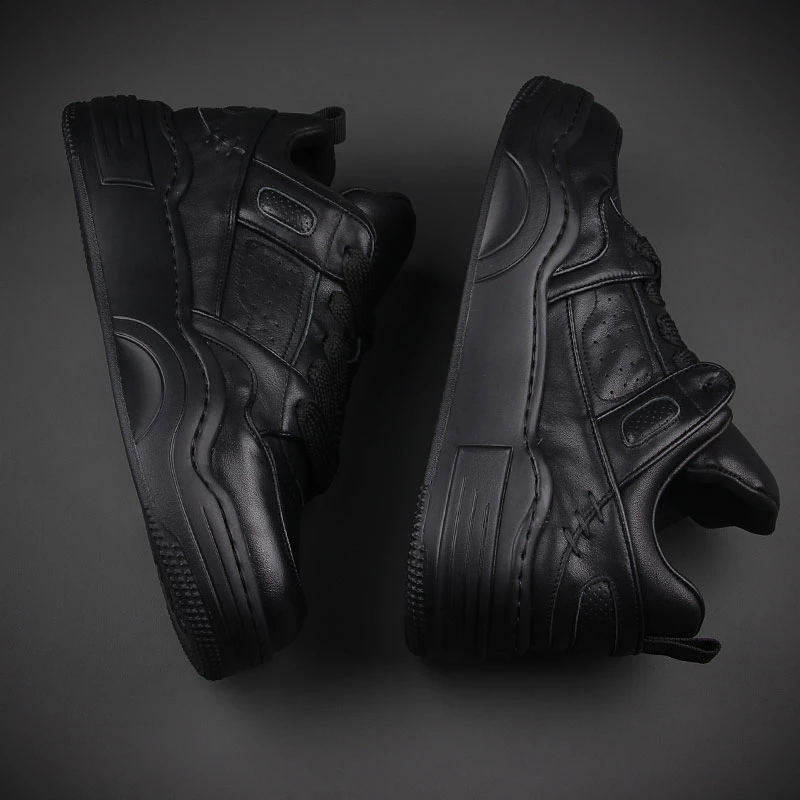 高端黑色鞋子男冬季潮鞋韩版时尚厚底老爹鞋百搭运动休闲真皮板鞋