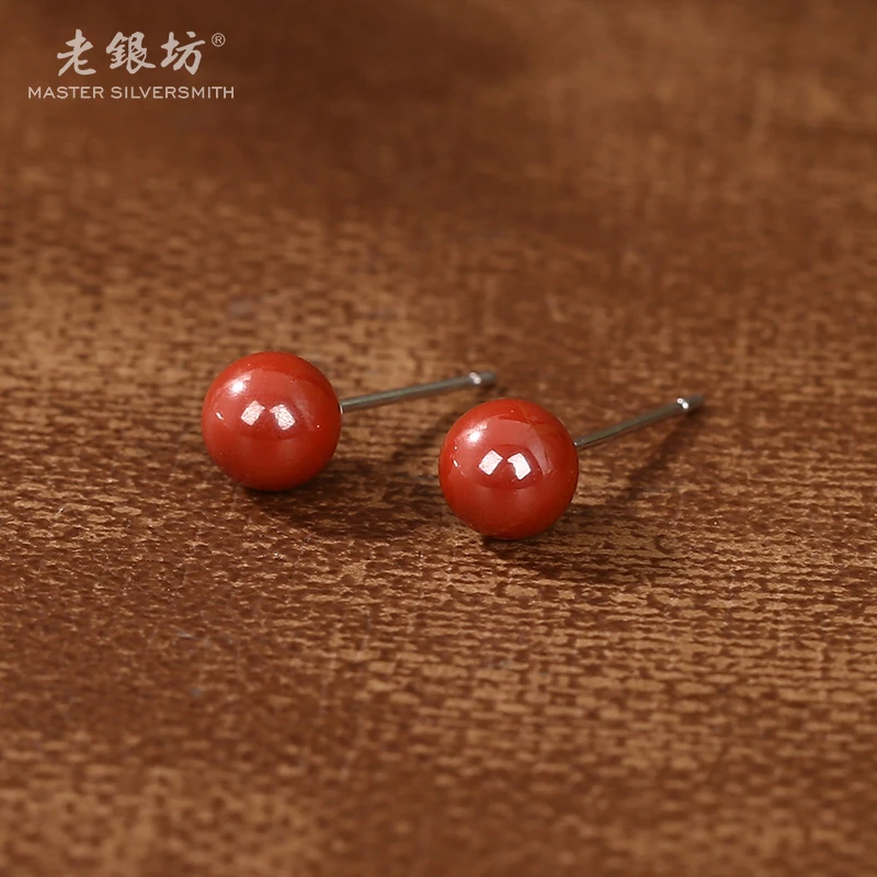 老银坊 含辰砂工艺品6mm朱砂圆珠耳钉 0011764