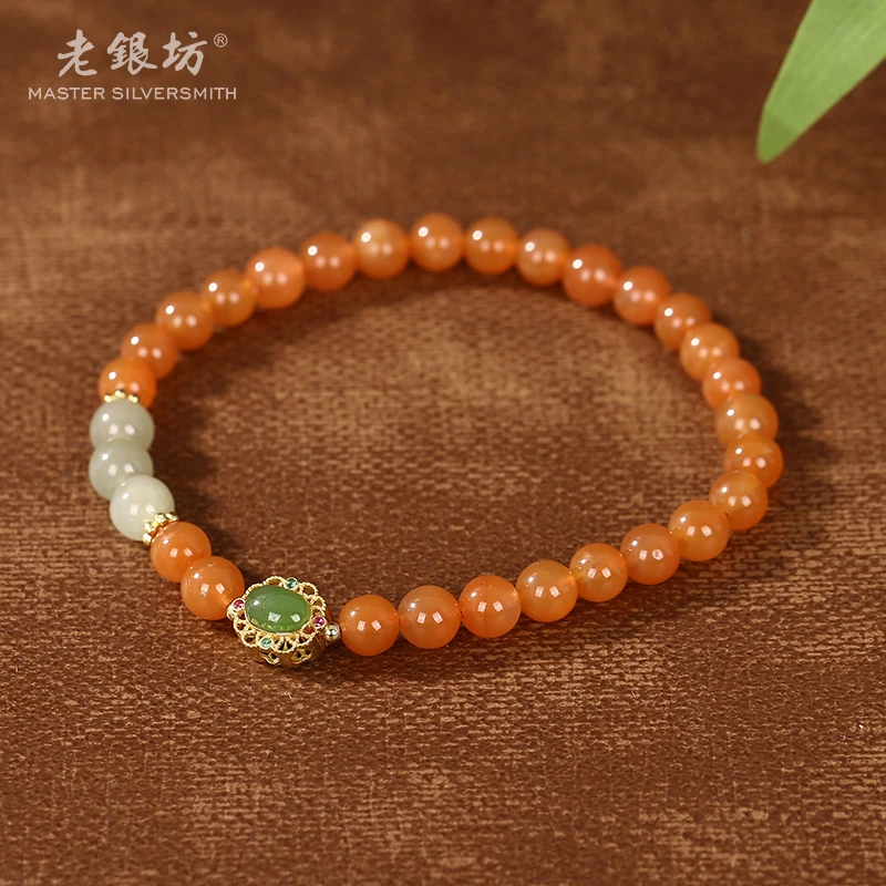 【老银坊】s925银三珠碧玉南红手串 00351222