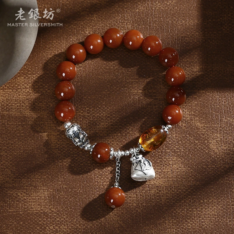 老银坊 玛瑙手串 s925银貔貅福袋花珀 小众品质珠宝0035712