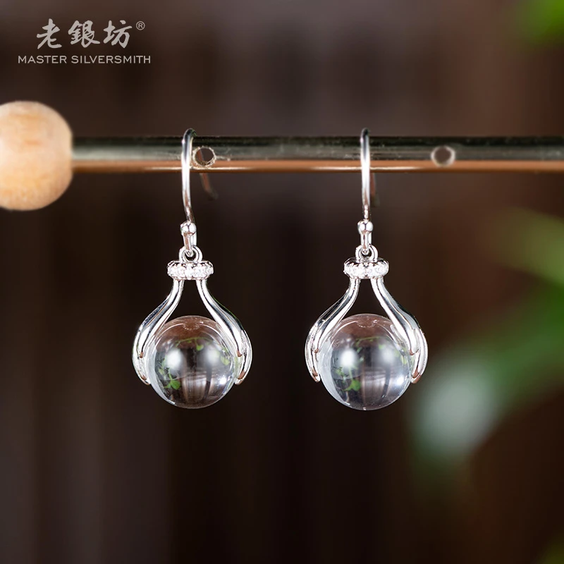 老银坊水晶珠耳坠10mm 手捧白水晶高净透s925银耳饰 0014562