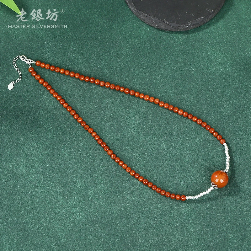 【老银坊】s925银14mm南红单珠碎银项链00221017
