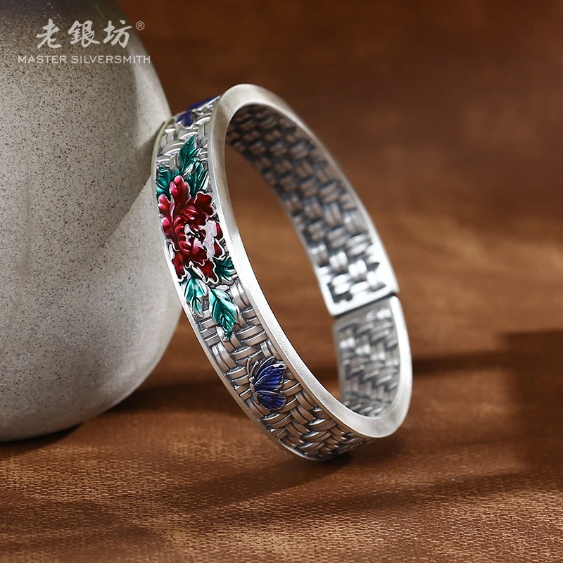 足银手镯 足银999编织蝶恋花开口镯 0034704