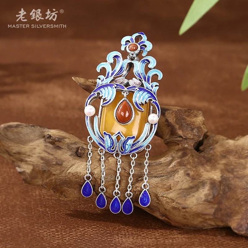 老银坊s925银珐琅蜜蜡唐草纹流苏吊坠00231729