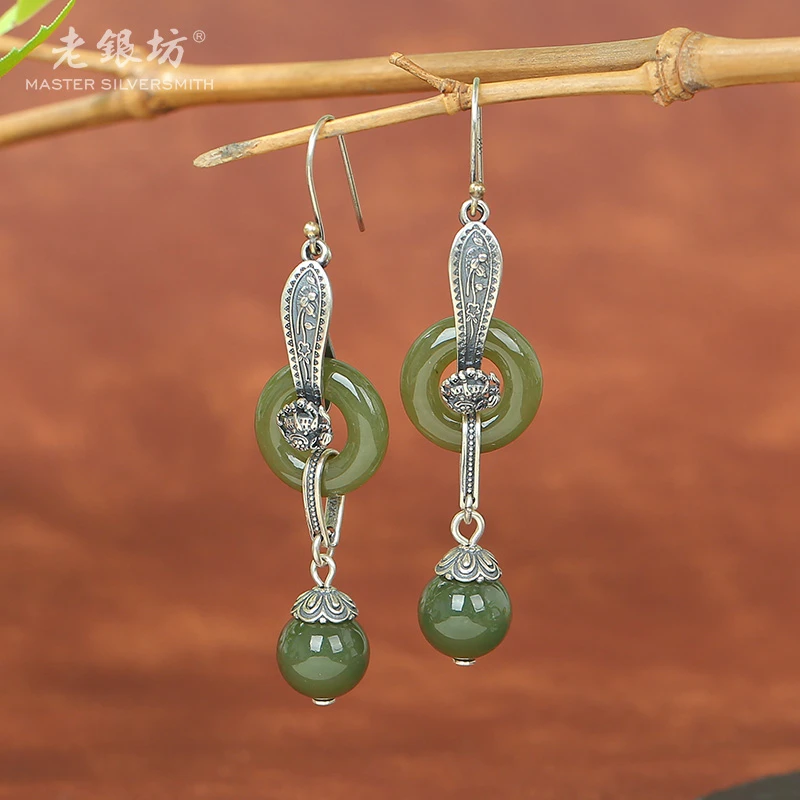 s925银和田玉平安扣麒麟如意耳坠 0014824