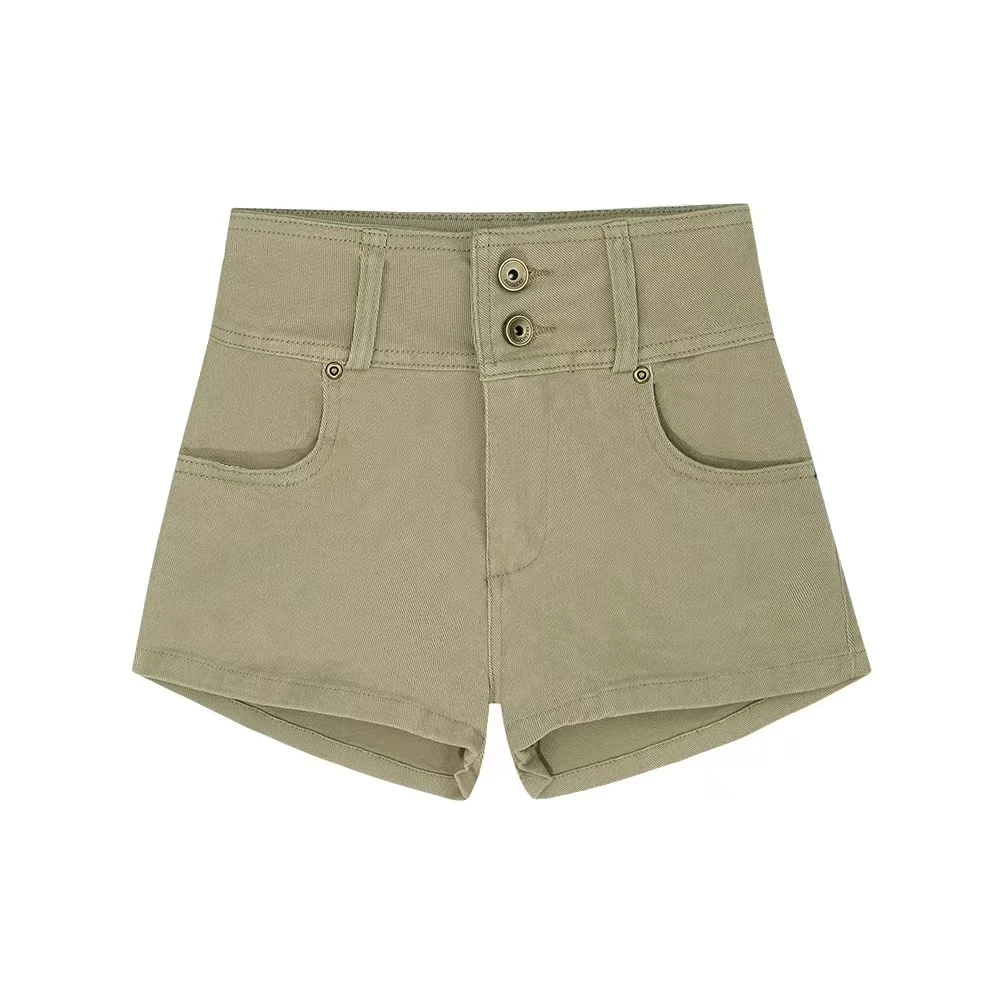 中高腰辣妹卡其色直筒牛仔短裤女包臀热裤子水洗百搭双扣热短裤潮