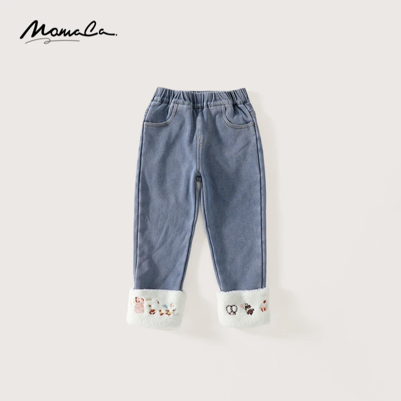 MOMOCO冬季新款女童设计感甜美绣花加绒毛毛边牛仔裤75830350017