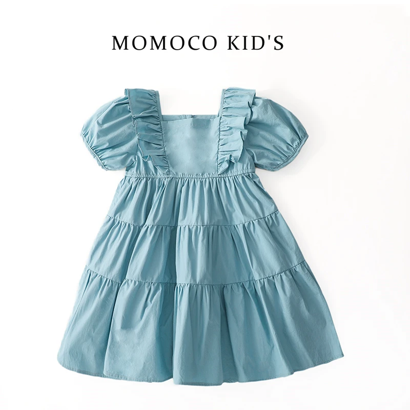 MOMOCO夏季女童收腰纯色时尚泡泡袖洋气女孩棉布裙75630476008