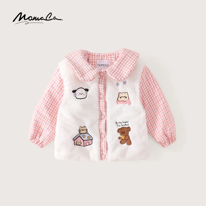 MOMOCO冬季新款女童甜美拼接小熊保暖加绒加厚外套75830101150