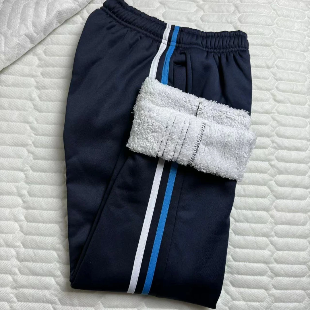男女学生冬裤校裤两道杠白蓝羊羔绒加厚休闲保暖裤中大童运动长裤