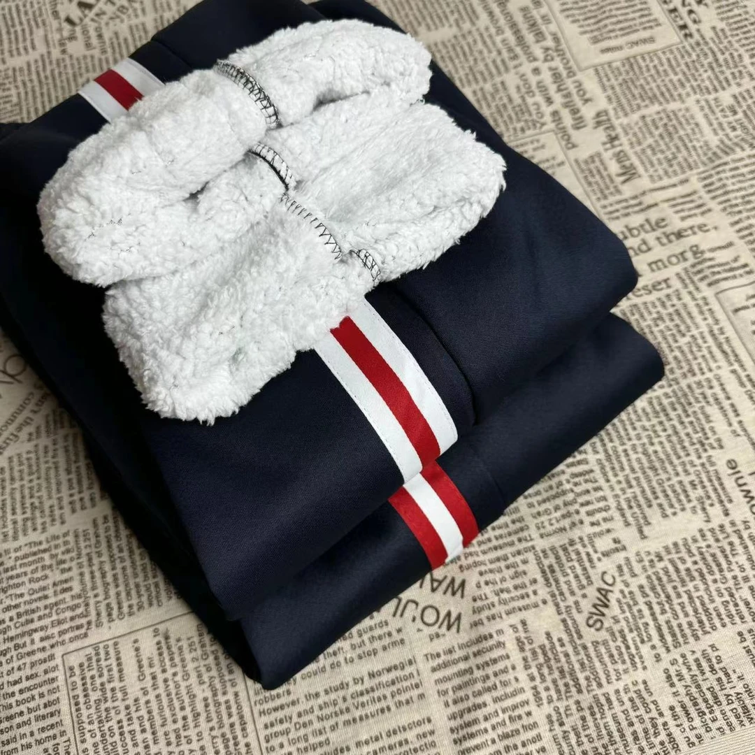 藏蓝色红白红一道杠校裤男女学生羊羔绒宽松校服裤子春秋运动裤