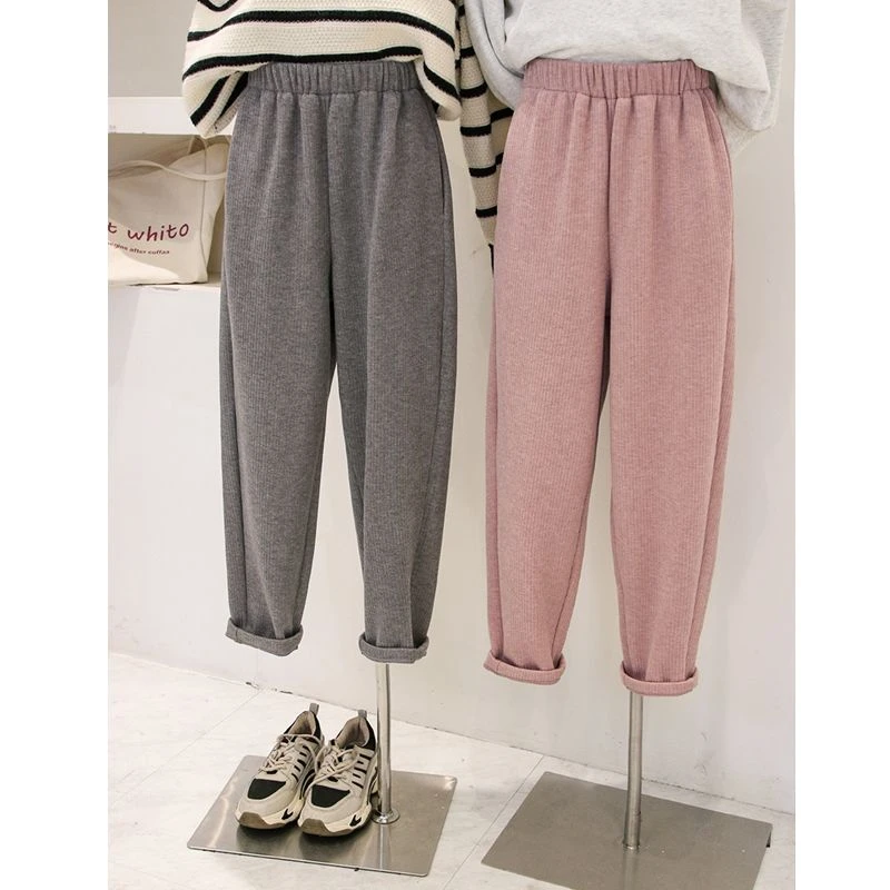 小个子休闲萝卜裤女简约冬季九分加厚加绒奶奶裤高腰显瘦哈伦裤子