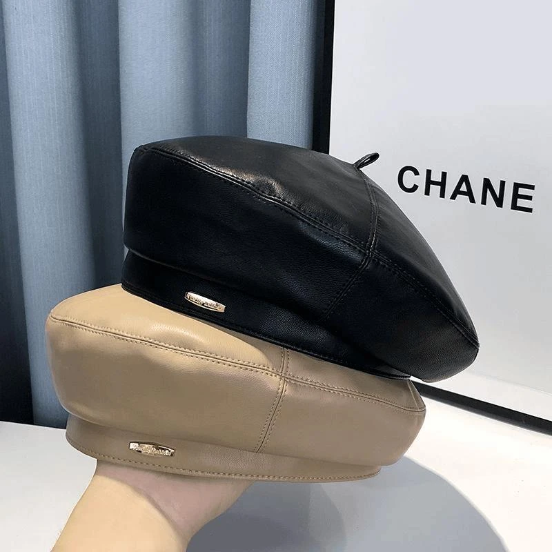 网红pu皮质贝雷帽子女秋冬新款黑色优雅画家帽文艺复古百搭南瓜帽