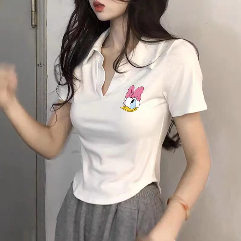 正肩V领T恤女士大码夏季polo衫修身显瘦设计感小众不规则短款上衣