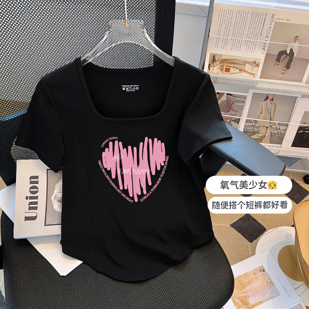 微胖mm弧形下摆短袖t恤女夏季方领显瘦正肩短款遮肉上衣大码女装