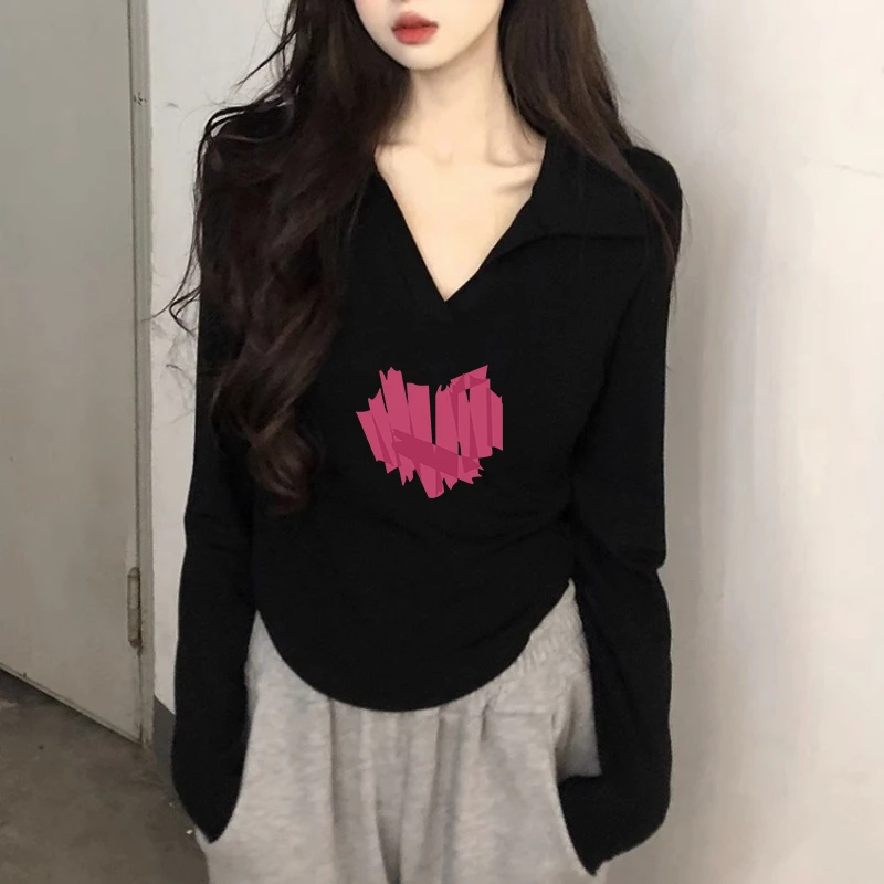 美拉德不规则正肩polo领长袖t恤女大码显瘦打底衫v领短款修身上衣