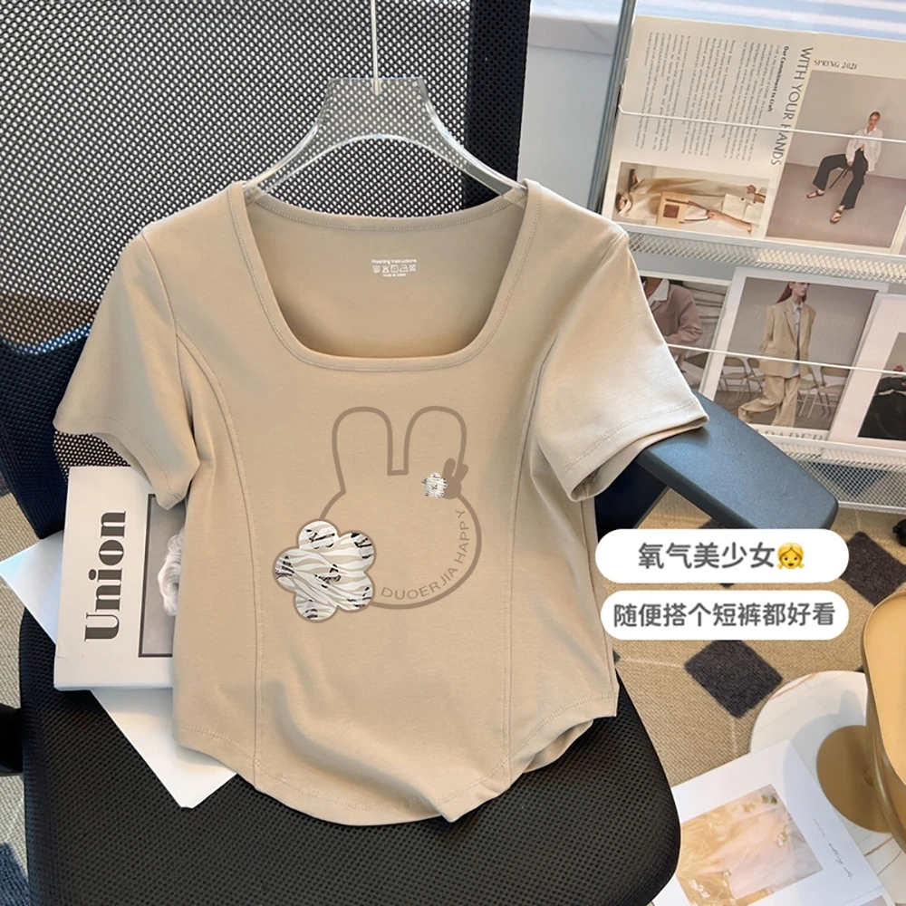 大码方领气质短袖t恤女夏季洋气胖mm小众显瘦遮肉修身短款上衣潮