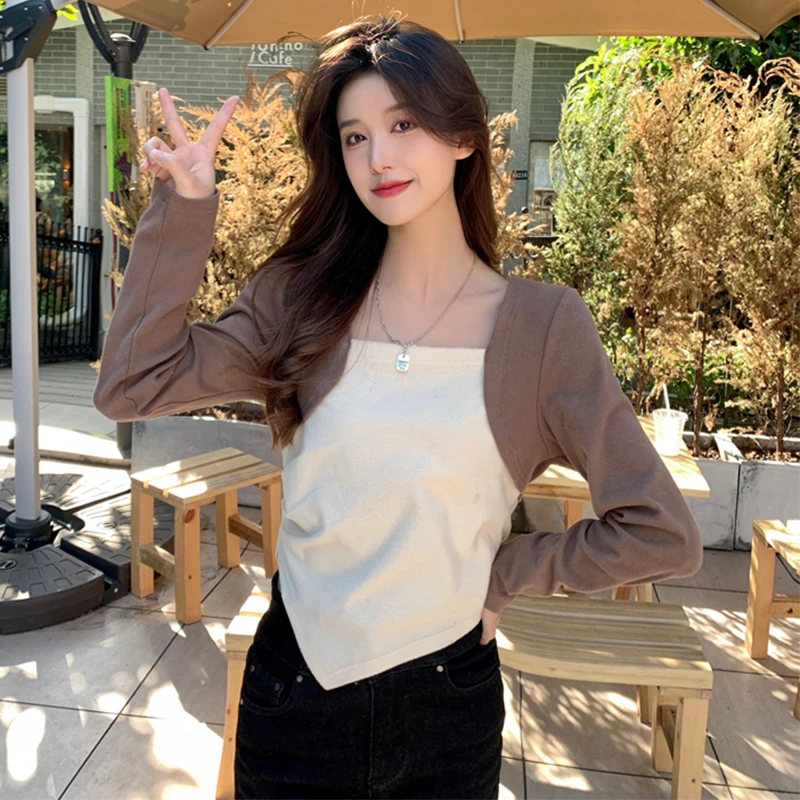 洋气胖MM方领显瘦T恤女大码撞色拼接不规则内搭打底上衣设计感