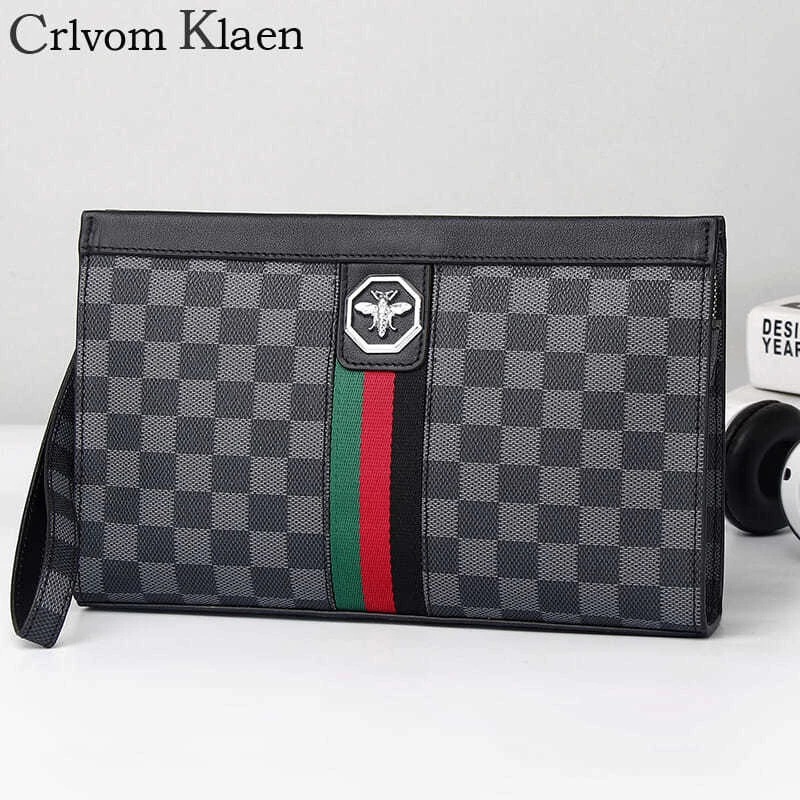 2023新款手拿包男士简约格子大容量手抓包皮质信封包拉链商务夹包