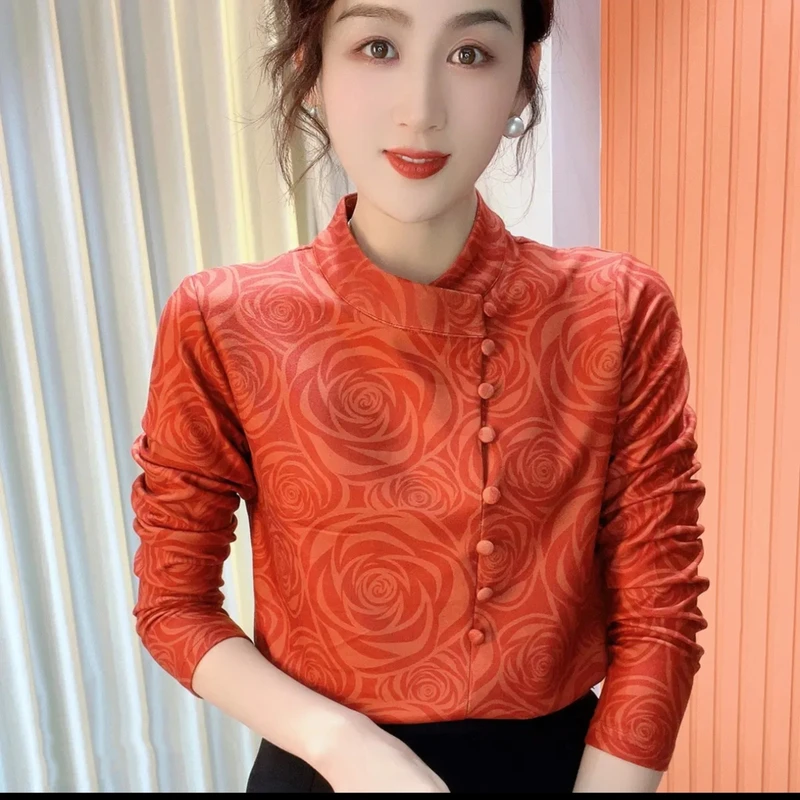 2024冬季新款立领印花气质百搭时尚长袖减龄加绒打底衫上衣女558