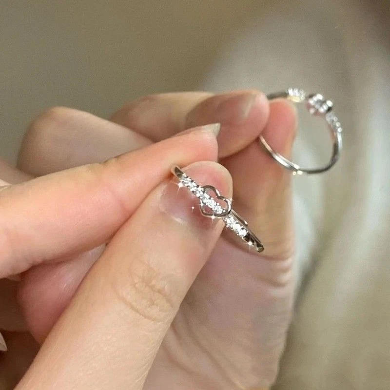 钛钢合成锆石戒指 闪钻爱心戒指女ins小众调节甜美少女心闺蜜对戒