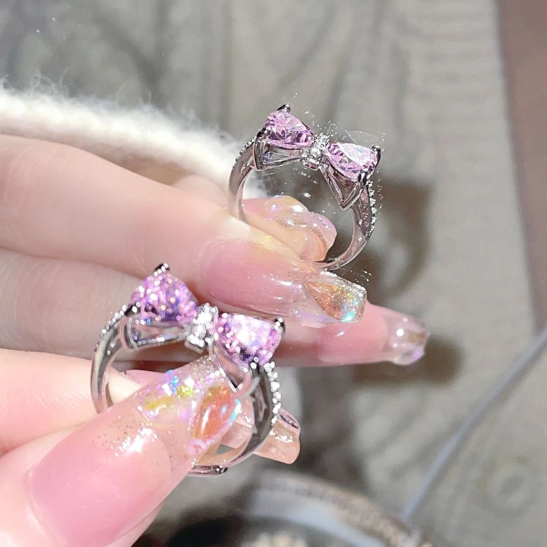 钛钢戒指 粉色蝴蝶结戒指女ins风超仙轻奢百搭显白少女心闺蜜对戒