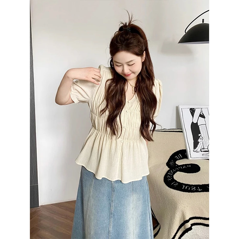 NANXU/楠序迪迪微胖女装2024夏季微胖mm法式短袖衬衫上衣女YZ8038