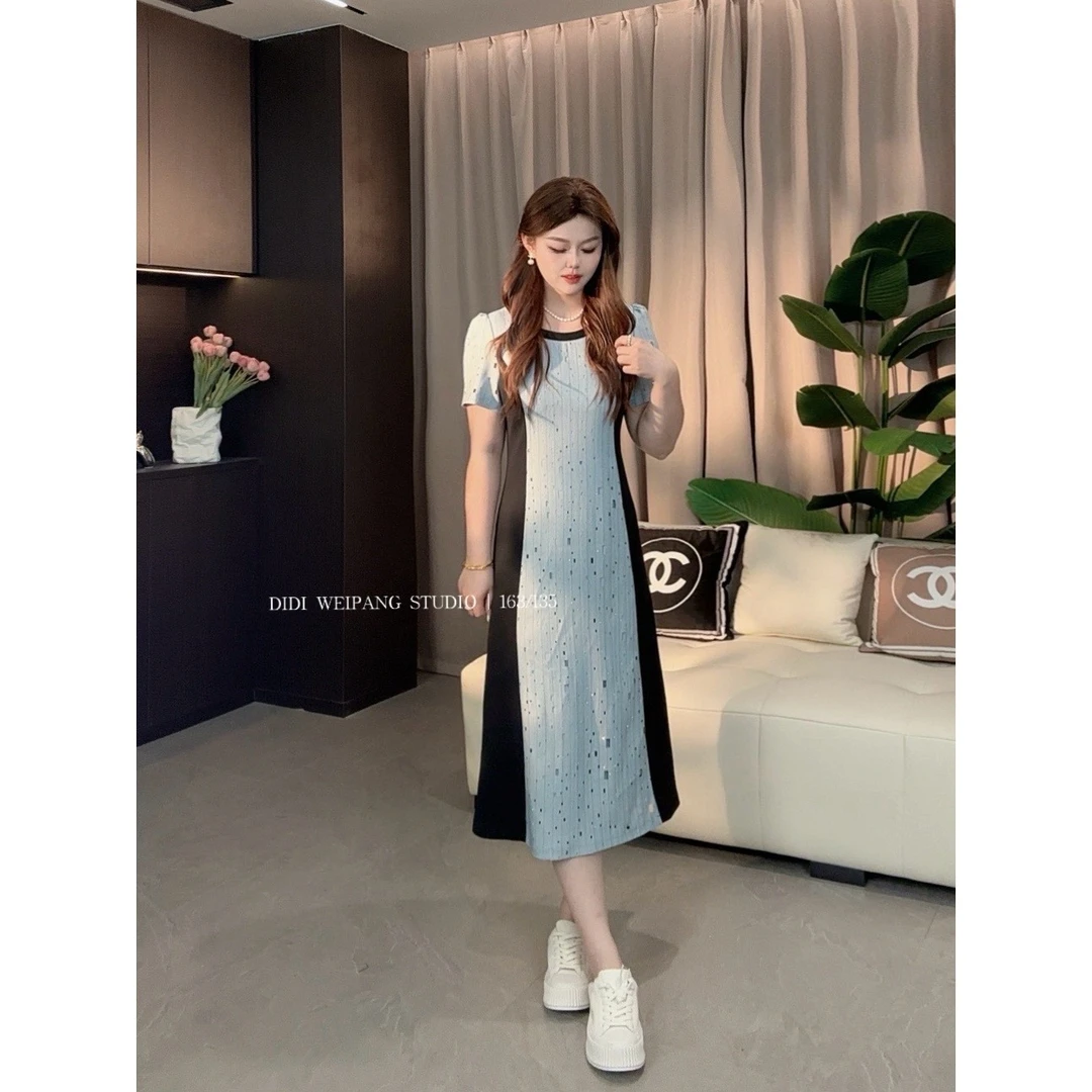 NANXU/楠序迪迪大码女装夏季显瘦拼接撞色高贵连衣裙女圆领DD8268